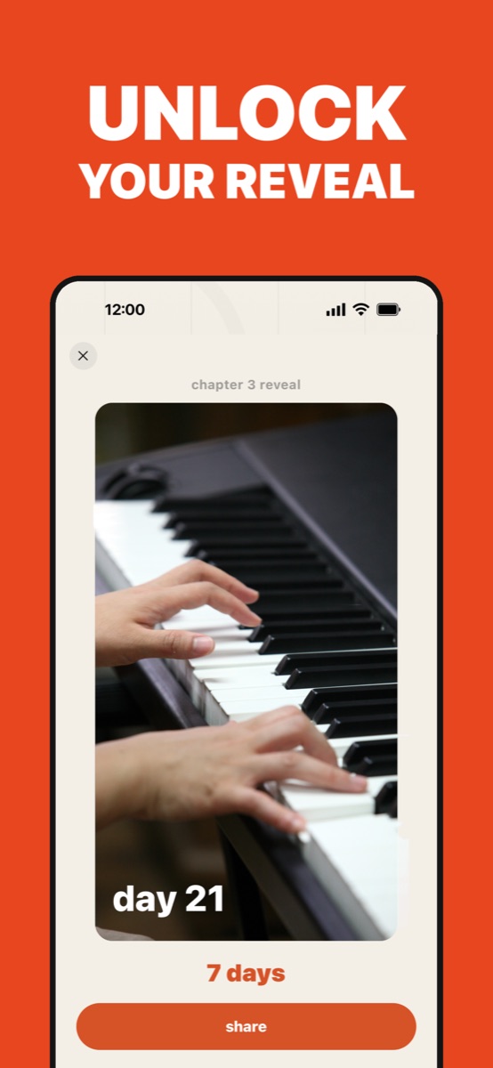 Hone App Store screenshot: Unlock your reveal — Day 21 piano progress